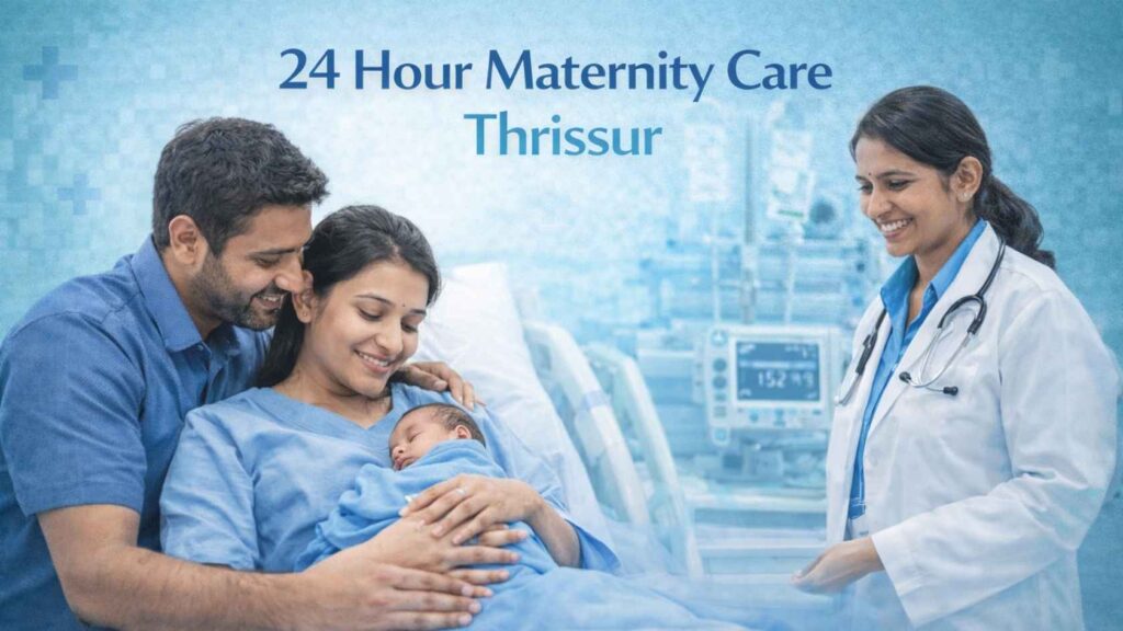 Mother holding newborn baby with father beside her and doctor providing 24 hour maternity care in Thrissur hospital