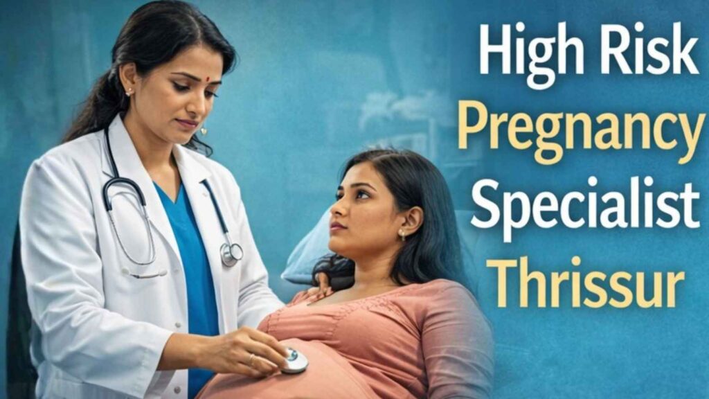 Doctor monitoring a pregnant woman during consultation with a high risk pregnancy specialist in Thrissur