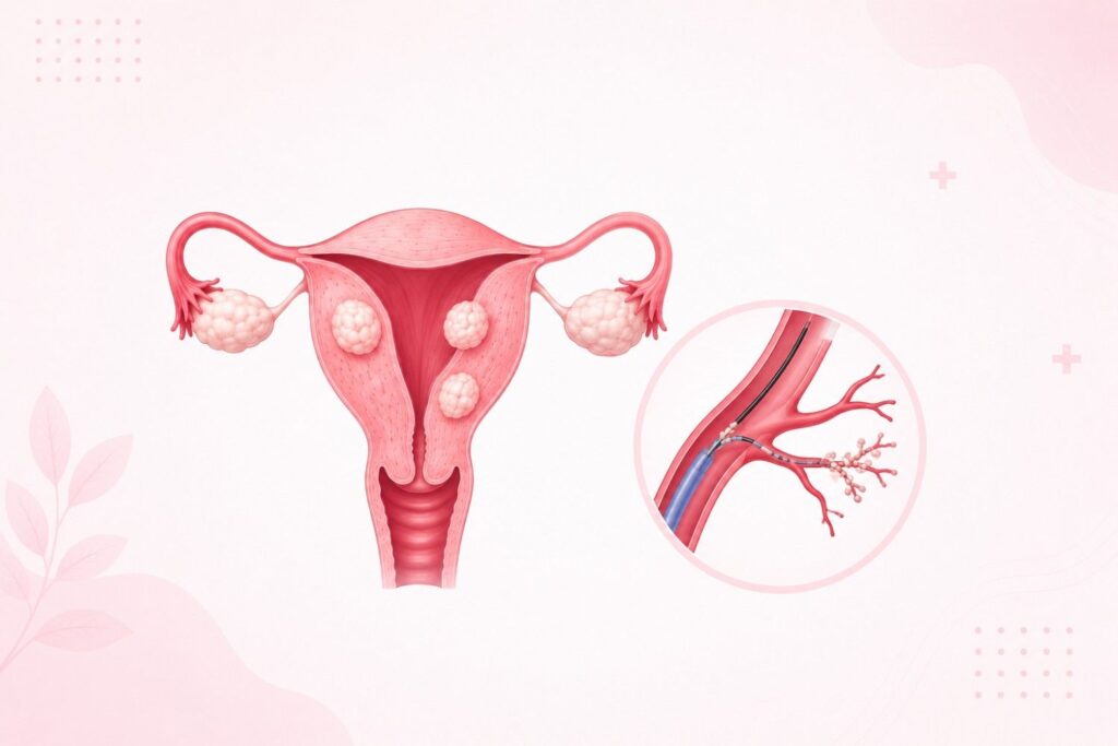 Medical illustration showing treatment for fibroids without surgery with uterine fibroids and minimally invasive fibroid treatment procedure