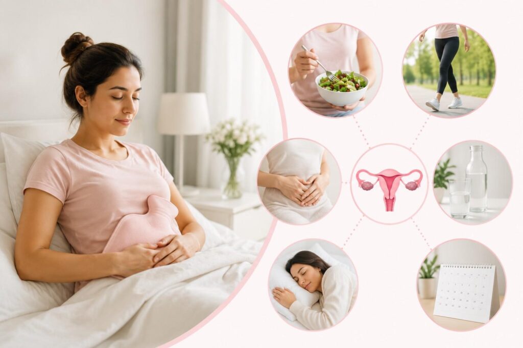 Illustration showing fibroid surgery recovery time with post-surgery rest, healthy diet, hydration, walking, and recovery care for women