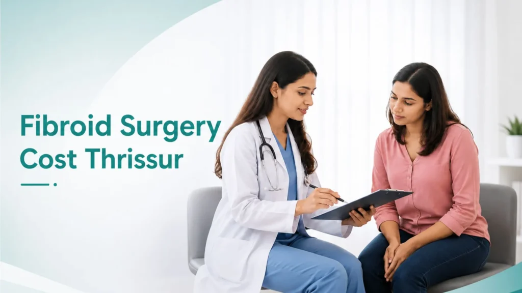 Fibroid Surgery Cost Thrissur consultation banner showing a gynecologist discussing fibroid treatment options with a woman in a modern clinic.