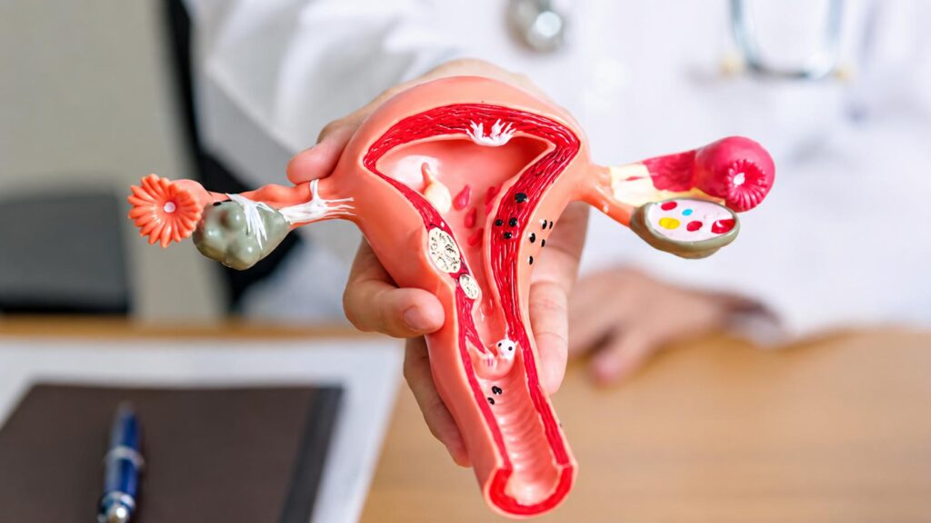 Fibroid treatment procedure explained using a detailed uterus model during a gynecology consultation