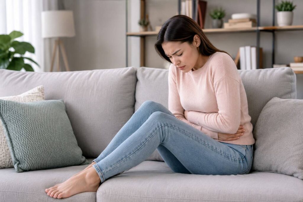Laparoscopic Hysterectomy Side Effects illustration showing woman experiencing abdominal pain during recovery