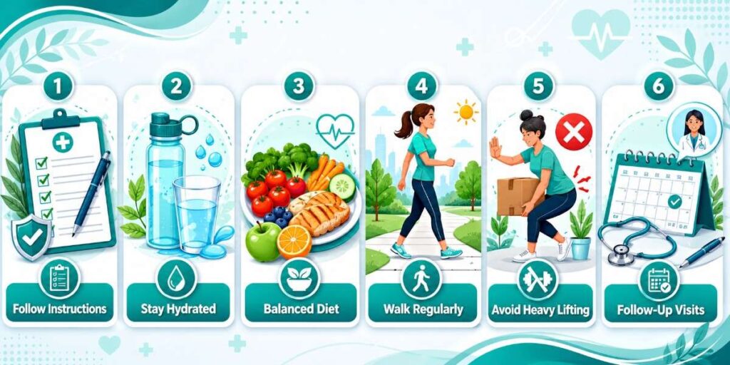 Tips for Managing Recovery infographic showing hydration, nutrition, walking, follow-up visits, and postoperative care guidance