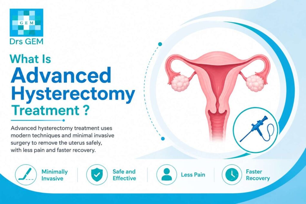 Medical illustration explaining advanced hysterectomy treatment, featuring a uterus diagram and a minimally invasive surgical instrument to represent modern surgical care.
