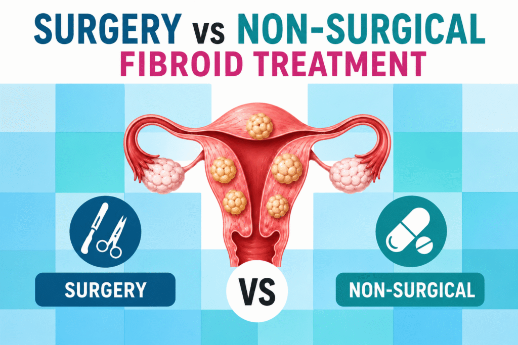 Comparison of surgery vs non-surgical fibroid treatment options showing a uterus with fibroids and visual representation of both treatment approaches.