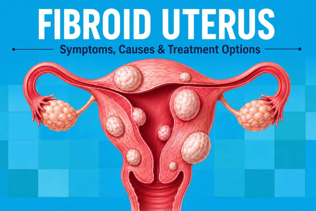 When to consult a doctor for fibroids illustration showing uterine fibroids and female reproductive anatomy on a blue background