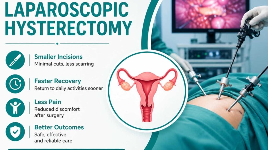Powerful Benefits of Laparoscopic Hysterectomy infographic showing minimally invasive surgery with smaller incisions, faster recovery, less pain, and improved patient outcomes.