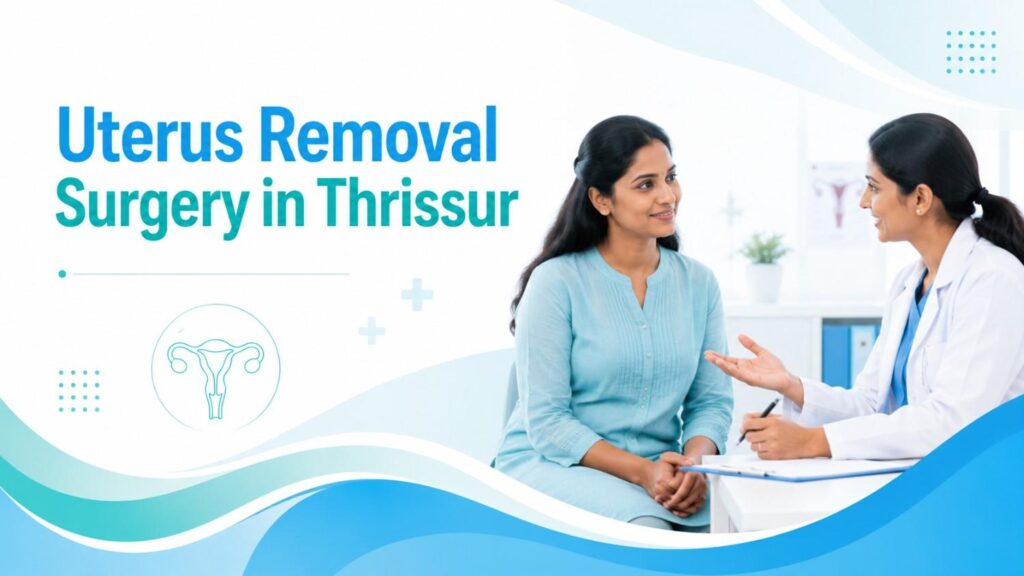 Uterus Removal Surgery in Thrissur featured image showing a woman consulting a female doctor in a clean gynecology care setting.