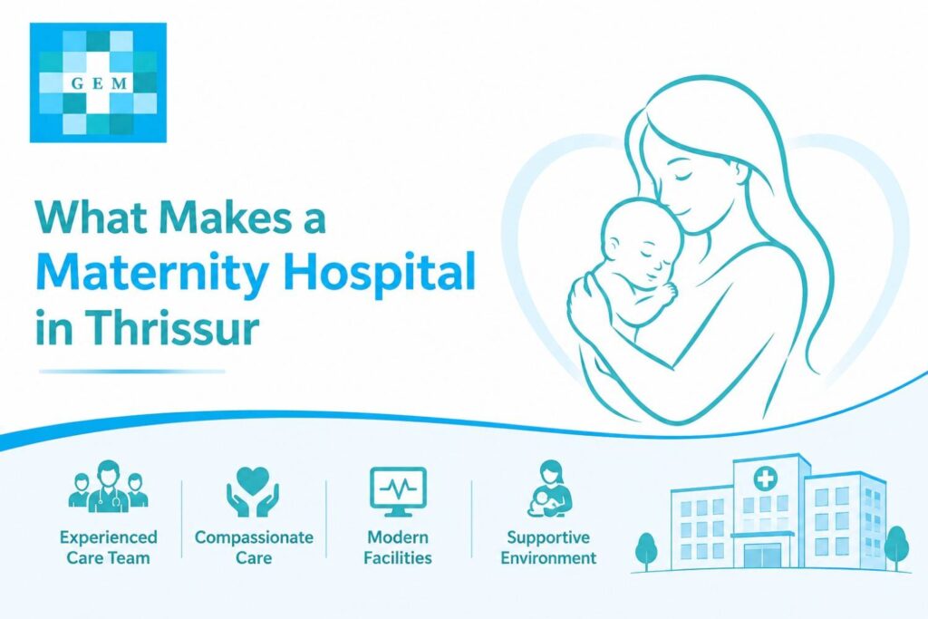 Simple illustration representing what makes a maternity hospital in Thrissur, featuring a mother holding her newborn with icons highlighting experienced care, modern facilities, and a supportive maternity environment.