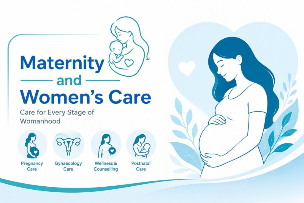 Illustration representing maternity and women’s care, featuring a pregnant woman and a mother with a baby alongside icons for pregnancy care, gynaecology, wellness, counselling, and postnatal care.