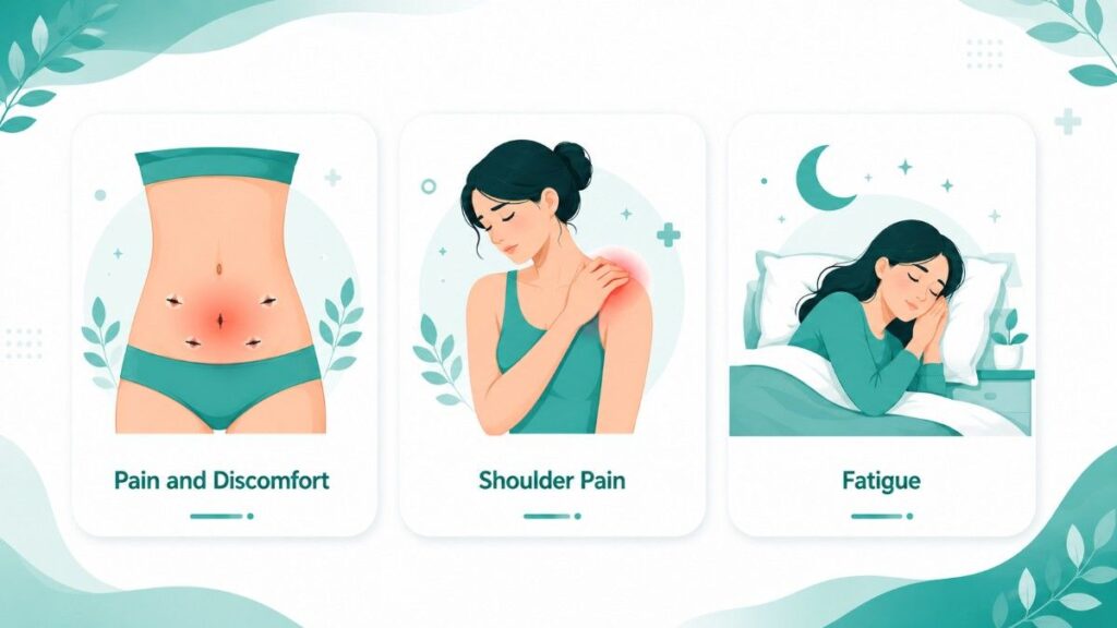 Illustrated infographic showing common Laparoscopic Hysterectomy Side Effects, including pain and discomfort, shoulder pain, and fatigue during the recovery period.