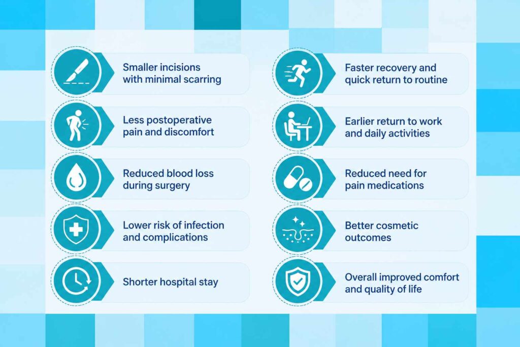 Benefits of Laparoscopic Hysterectomy infographic showing advantages such as smaller incisions, faster recovery, reduced pain, minimal scarring, and shorter hospital stay.