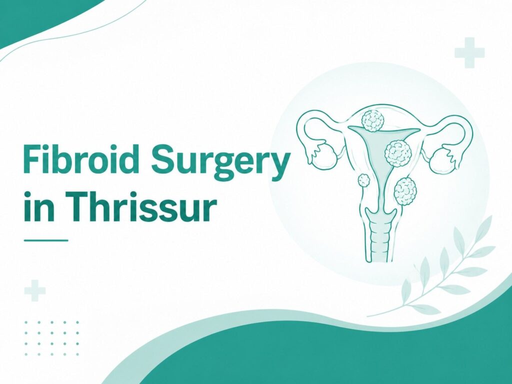 Fibroid Surgery in Thrissur featured image with teal uterus illustration showing uterine fibroids on a clean white medical background.