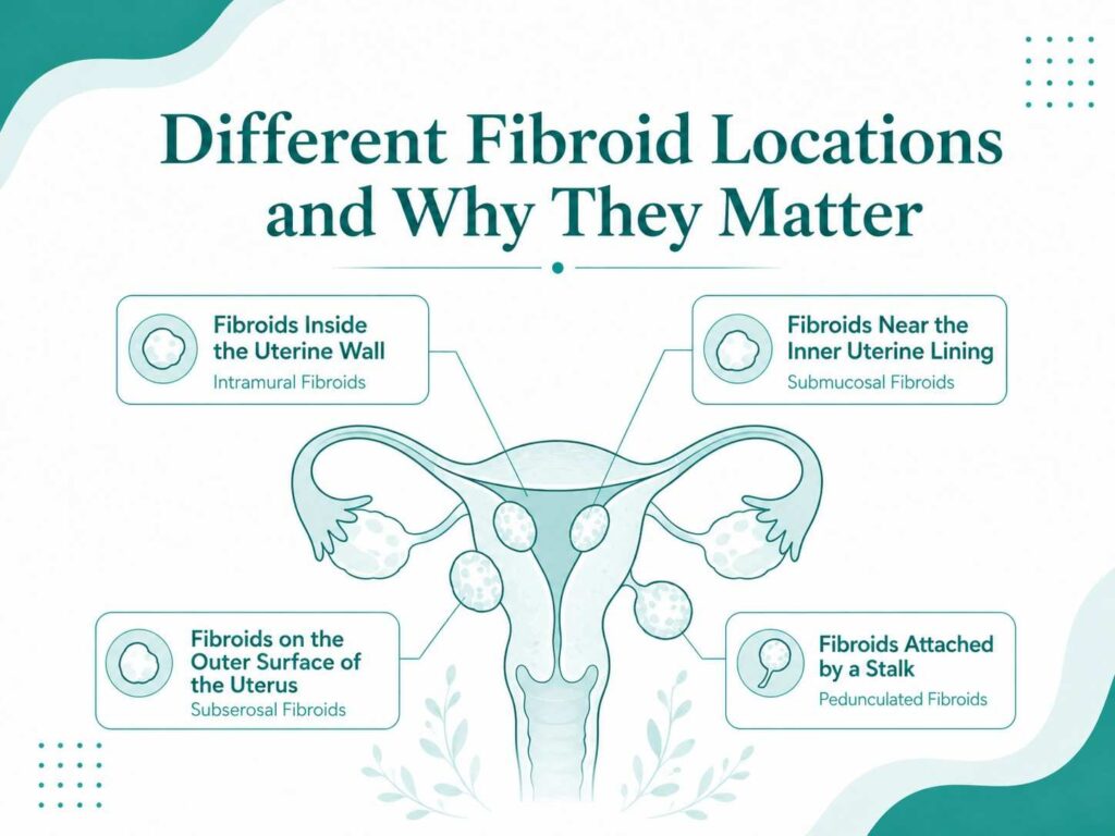 Different fibroid locations infographic showing intramural, submucosal, subserosal, and pedunculated fibroids with a uterus diagram in teal and white.
