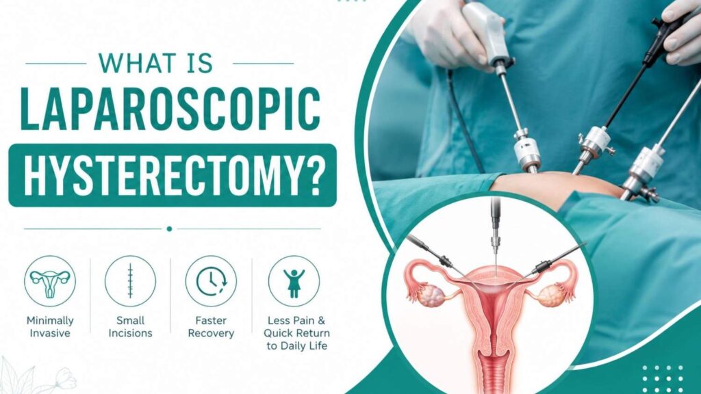 What is Laparoscopic Hysterectomy featured image showing a minimally invasive gynecological surgery procedure with laparoscopic instruments, uterus illustration, and key benefits such as smaller incisions and faster recovery.