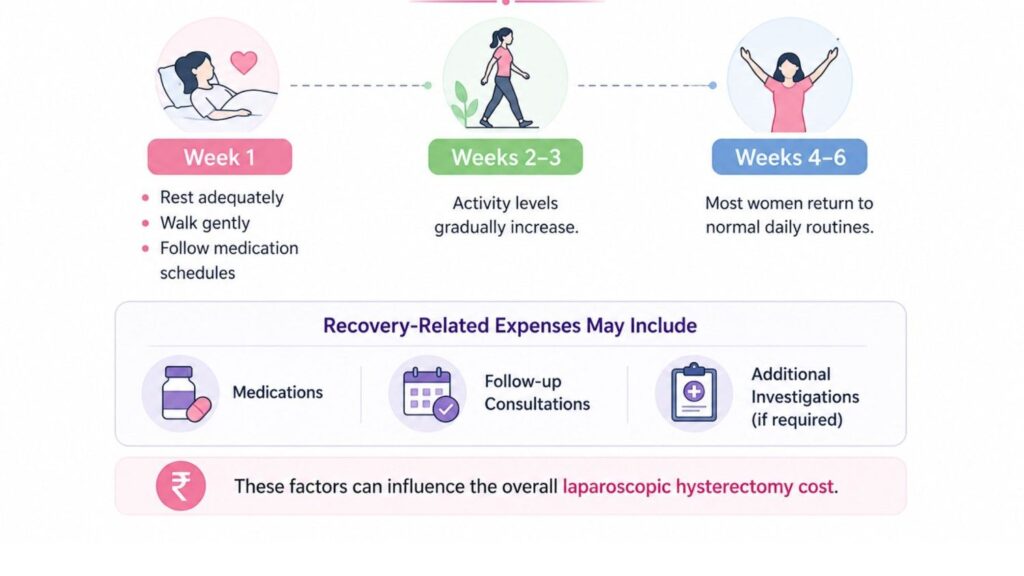 Recovery timeline after laparoscopic hysterectomy showing Week 1 rest and medication, Weeks 2–3 gradual activity increase, and Weeks 4–6 return to normal routines, along with recovery-related expenses.