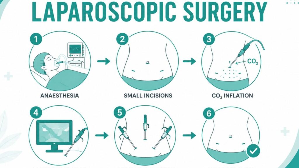 Step-by-step laparoscopic surgery infographic showing the key stages of a minimally invasive procedure, including anaesthesia, small incisions, CO₂ inflation, camera guidance, precision surgery, and recovery.