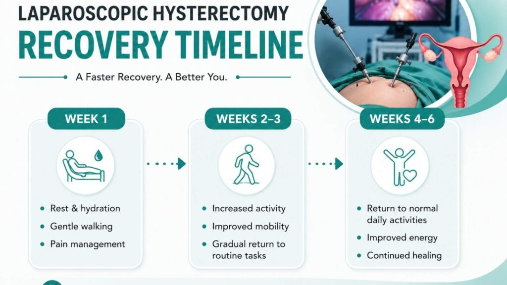Laparoscopic hysterectomy recovery timeline showing key recovery stages from Week 1 through Weeks 4–6, including rest, mobility improvement, and return to normal activities.