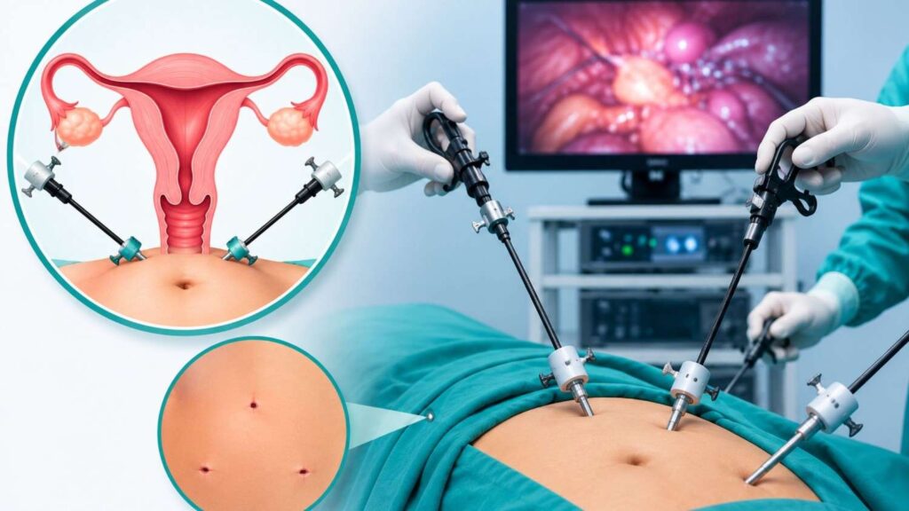 Illustration of a laparoscopic hysterectomy procedure showing minimally invasive surgical instruments, small abdominal incisions, and a uterus anatomy diagram.