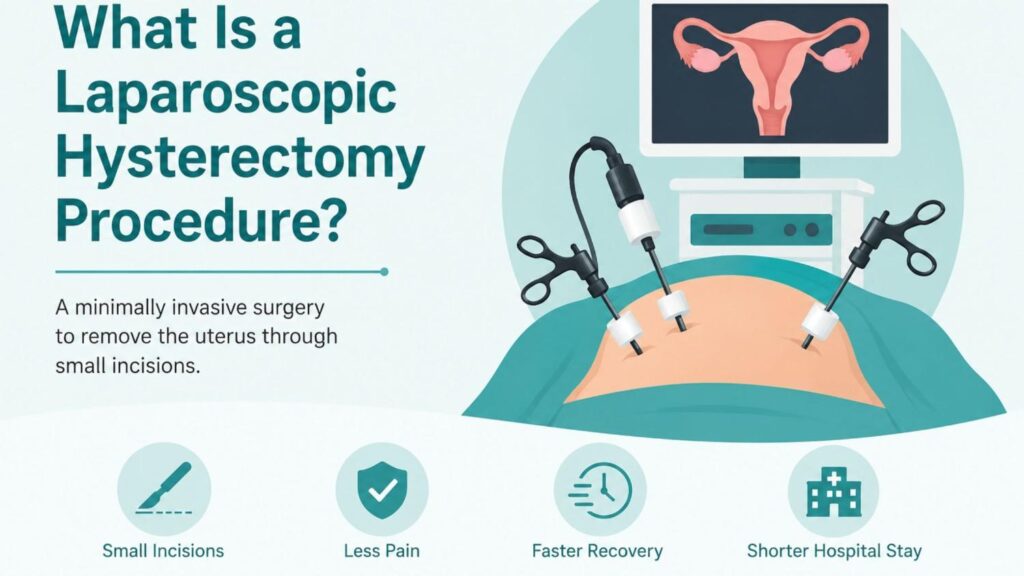 What Is a Laparoscopic Hysterectomy Procedure infographic showing minimally invasive surgery performed through small abdominal incisions.