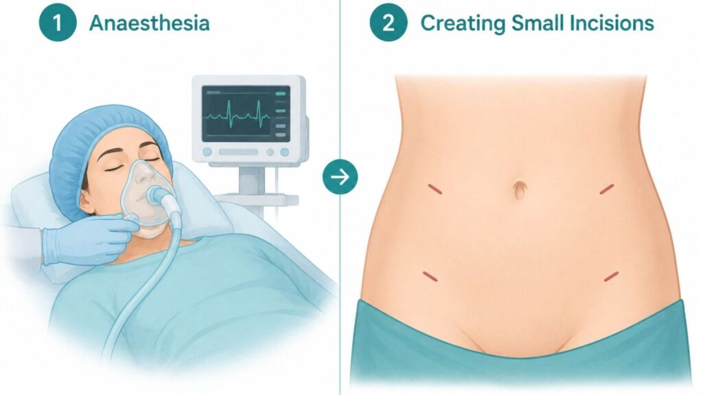 Anaesthesia and Creating Small Incisions during a laparoscopic hysterectomy procedure illustrated in a simple step-by-step surgical overview.