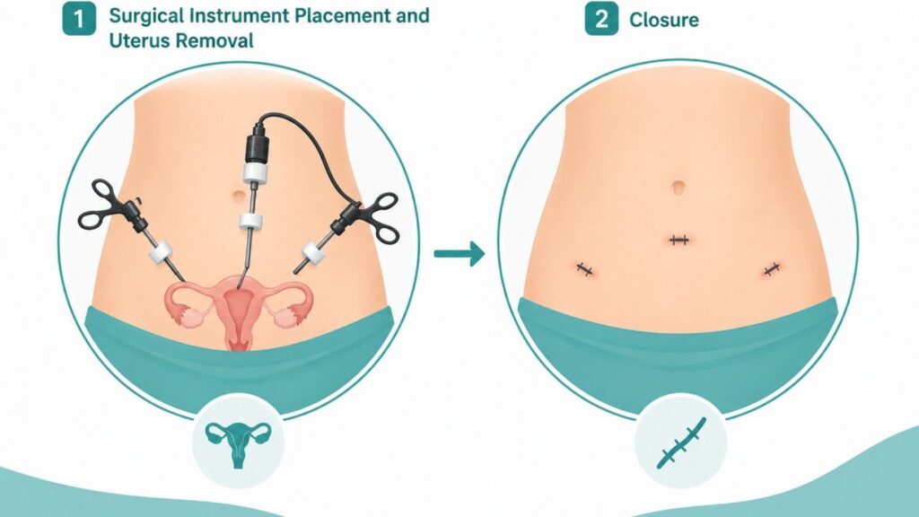 Illustration showing surgical instrument placement, uterus removal, and closure during a laparoscopic hysterectomy procedure using minimally invasive techniques.