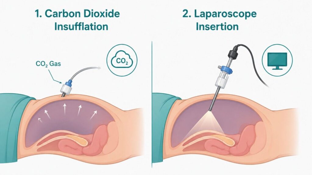 Carbon Dioxide Insufflation and Laparoscope Insertion illustration showing key preparation steps in a laparoscopic hysterectomy procedure.