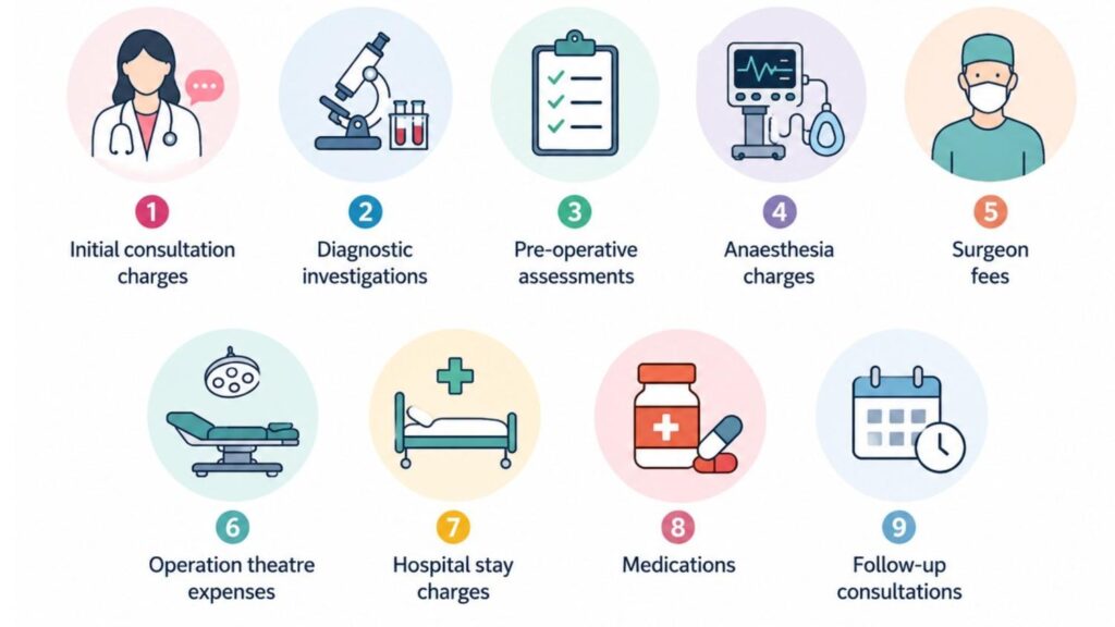 Infographic showing what is included in laparoscopic hysterectomy cost, including consultation, diagnostic tests, anaesthesia, surgeon fees, hospital stay, medications, and follow-up care.