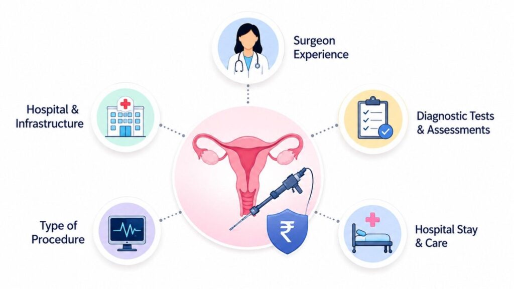 Illustration showing key factors that influence laparoscopic hysterectomy cost, including surgeon experience, hospital infrastructure, diagnostic tests, procedure type, and hospital stay duration.
