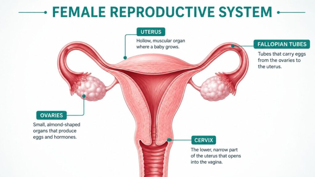 Female reproductive system diagram showing the uterus, cervix, ovaries, and fallopian tubes with clear labels to help explain anatomy before a laparoscopic hysterectomy procedure