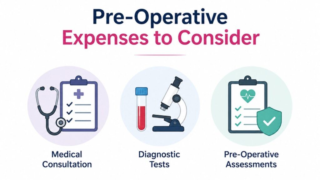 Illustration showing pre-operative expenses to consider before laparoscopic hysterectomy, including medical consultation, diagnostic tests, and pre-operative assessments.
