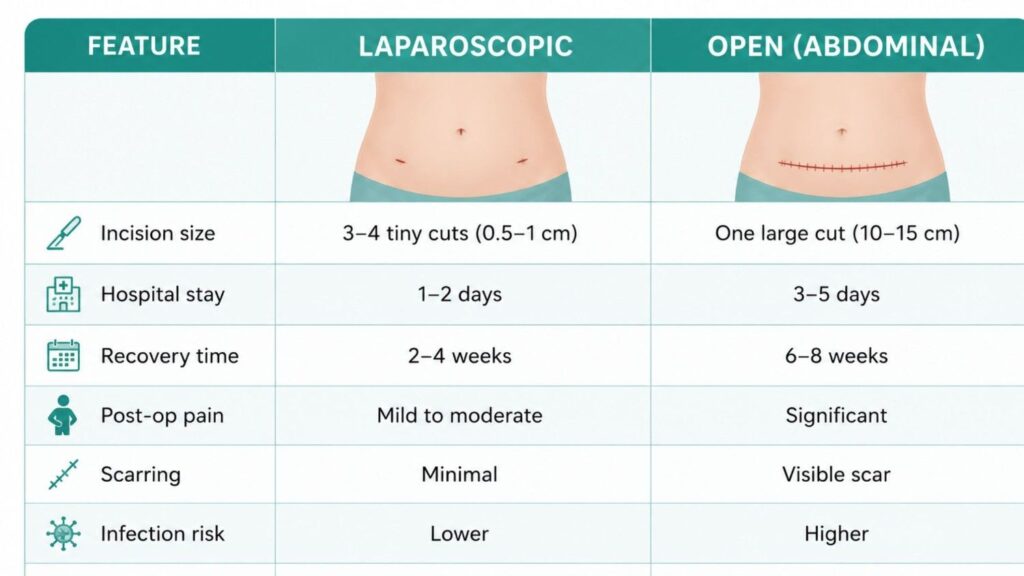 Laparoscopic vs Open Abdominal Hysterectomy comparison infographic showing differences in incision size, recovery time, hospital stay, scarring, and return to work.