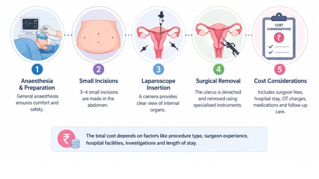 Step-by-step illustration of the laparoscopic hysterectomy procedure showing anaesthesia, small incisions, laparoscope insertion, surgical removal, and cost considerations.