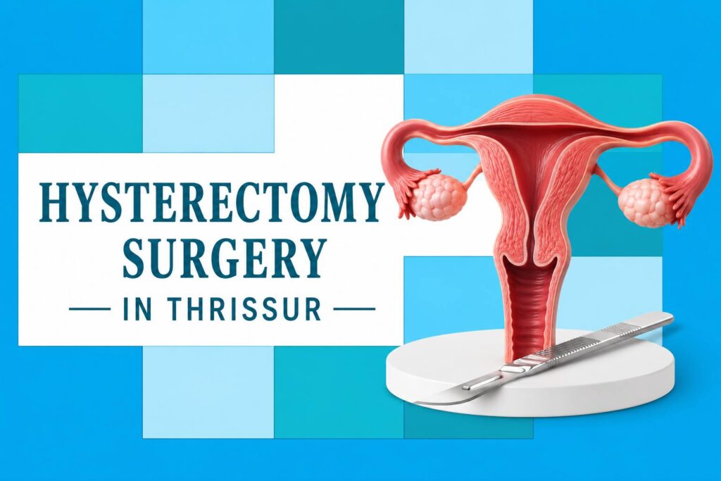 Illustration of the female reproductive system representing hysterectomy surgery in Thrissur with a blue medical-themed background.