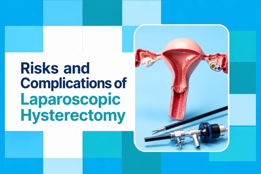 Risks and Complications of Laparoscopic Hysterectomy illustrated with a uterus model and laparoscopic surgical instruments