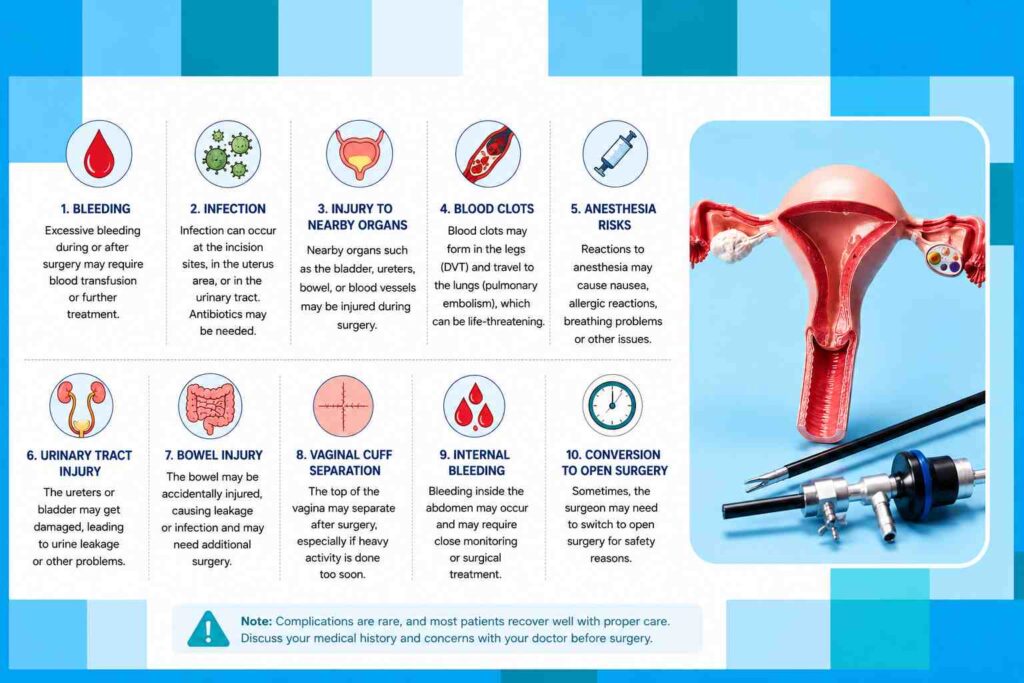 Common Risks and Complications of Laparoscopic Hysterectomy infographic showing bleeding, infection, organ injury, blood clots, and other surgical risks