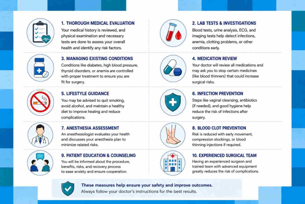 How Risks Are Reduced Before Surgery infographic showing preoperative evaluation, lab tests, medication review, infection prevention, and patient safety measures