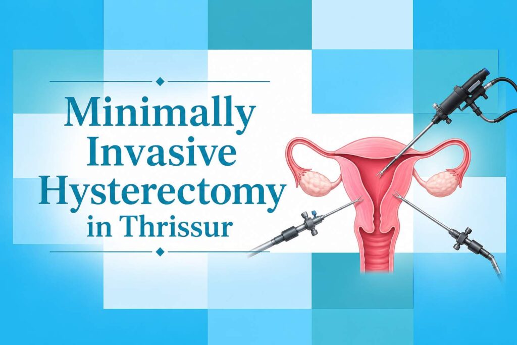 Minimally Invasive Hysterectomy in Thrissur illustration showing the uterus with laparoscopic surgical instruments used in minimally invasive gynecological surgery.