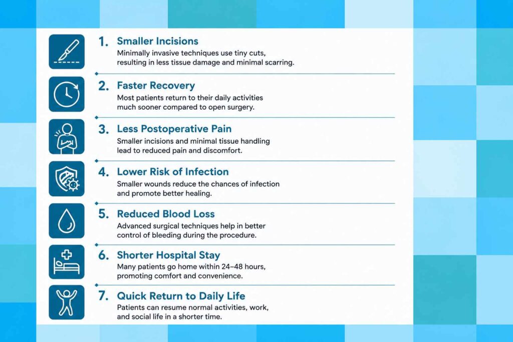 Benefits of Minimally Invasive Hysterectomy in Thrissur infographic highlighting smaller incisions, faster recovery, reduced pain, lower infection risk, reduced blood loss, shorter hospital stay, and quicker return to daily life.