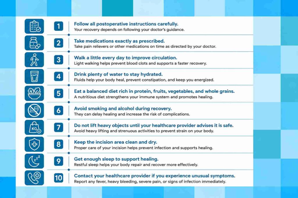 Tips for a Smooth Recovery After Minimally Invasive Hysterectomy infographic showing essential postoperative care tips, including medications, hydration, balanced diet, rest, incision care, and follow-up guidance.