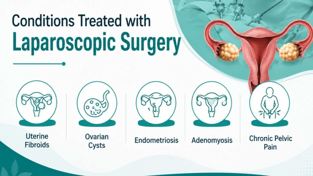 Illustration showing conditions treated with Laparoscopic Gynecological Surgery in Thrissur, including uterine fibroids, ovarian cysts, endometriosis, adenomyosis, and chronic pelvic pain.