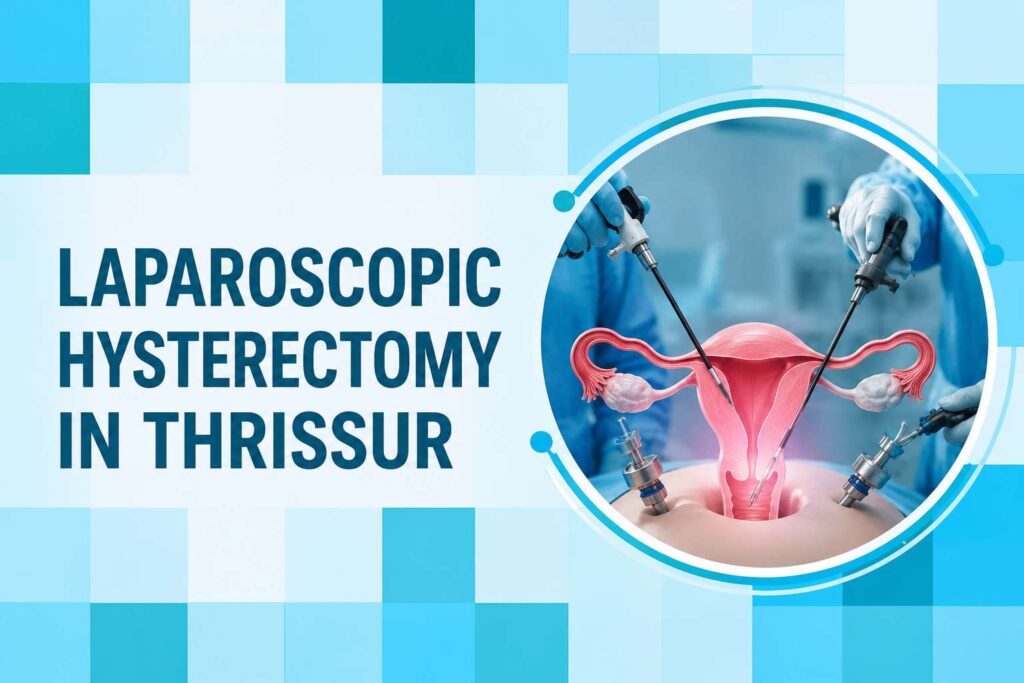 Laparoscopic Hysterectomy in Thrissur illustration showing minimally invasive surgical instruments and the female reproductive system for advanced gynecological surgery.