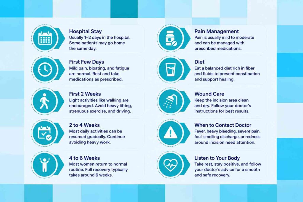 Recovery After Laparoscopic Hysterectomy infographic showing the recovery timeline, pain management, wound care, diet, activity guidelines, and follow-up care.