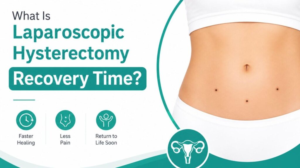 Illustration explaining what laparoscopic hysterectomy recovery time is, showing a minimally invasive surgery recovery concept with healing and wellness icons.