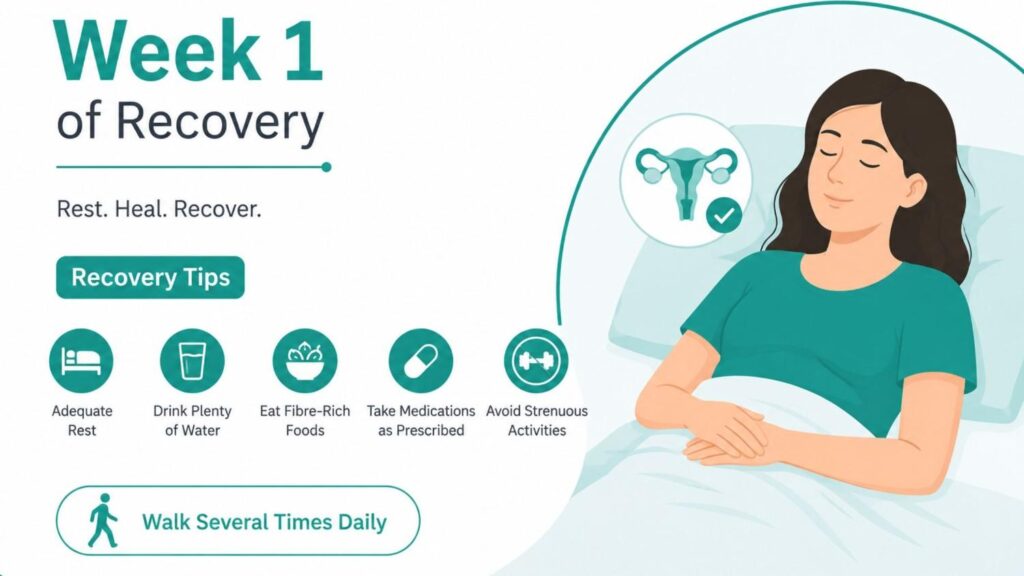 Week 1 of laparoscopic hysterectomy recovery showing a woman resting comfortably with recovery care icons representing hydration, nutrition, medication, and gentle activity.