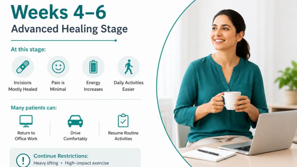 Weeks 4–6 laparoscopic hysterectomy recovery illustration showing a woman returning to normal activities with improved energy, healed incisions, and minimal discomfort.