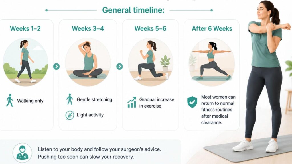 Exercise recovery timeline after laparoscopic hysterectomy showing gradual progression from walking and light activity to normal fitness routines after medical clearance.