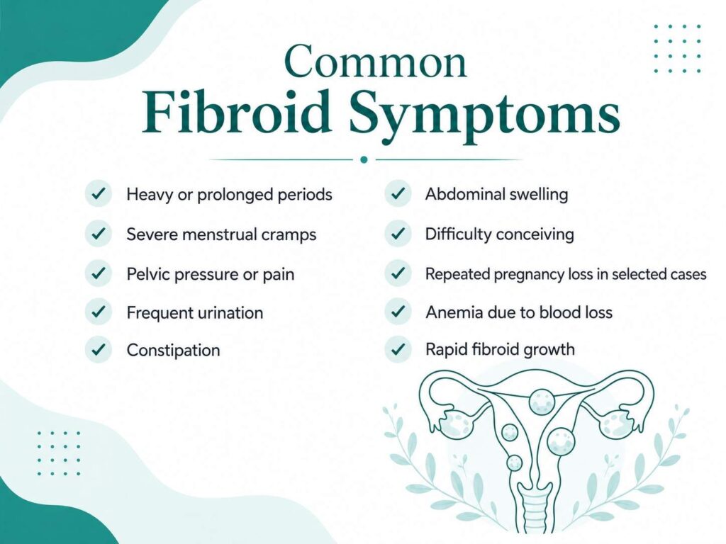Common fibroid symptoms infographic showing heavy periods, pelvic pain, frequent urination, anemia, and fertility concerns in teal and white design.
