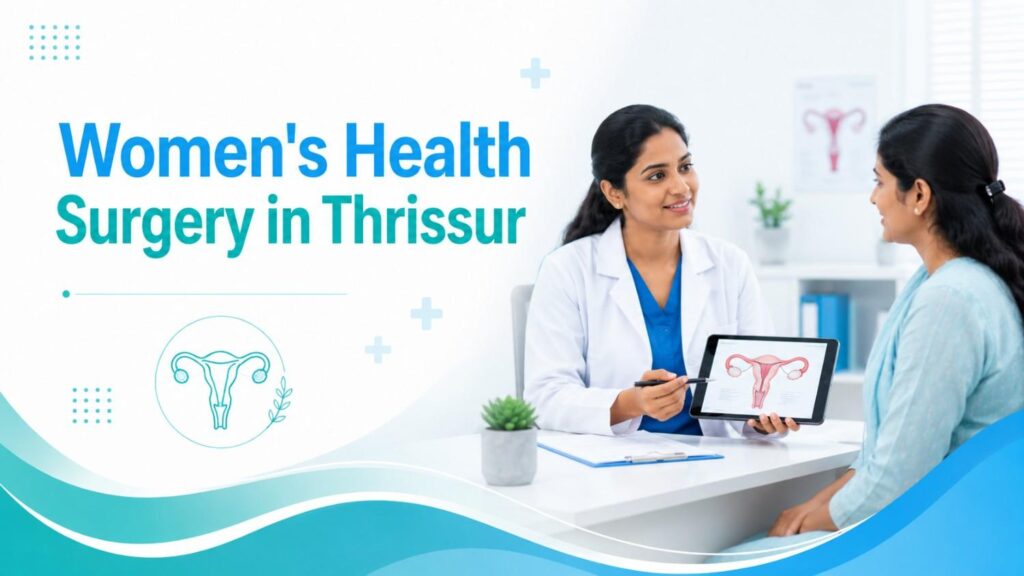 Women’s Health Surgery in Thrissur featured image showing a female doctor explaining gynecology care to a woman patient in a clinic.